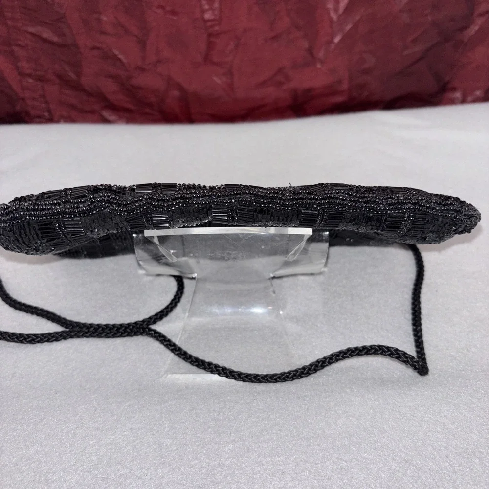 Vintage Andre Cellini Black Bugle Beaded Evening Bag Corded Shoulder Strap EUC